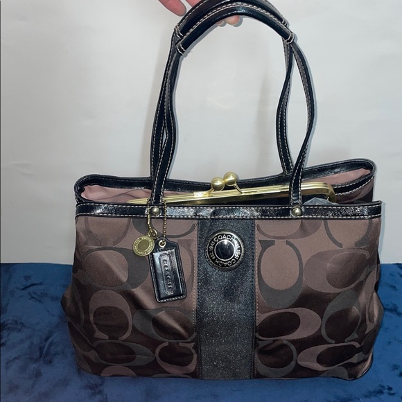 Coach Handbags - Coach Signature Stripe Kisslock Carryall